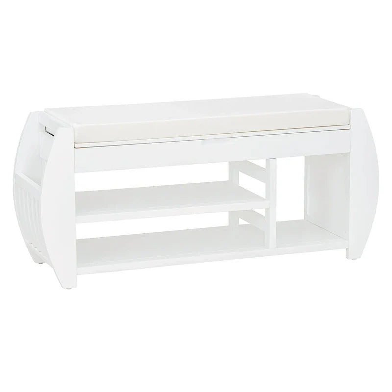 Banc coffre de rangement multifonction avec coussin et panneau latéral galbé pour entrée et salon