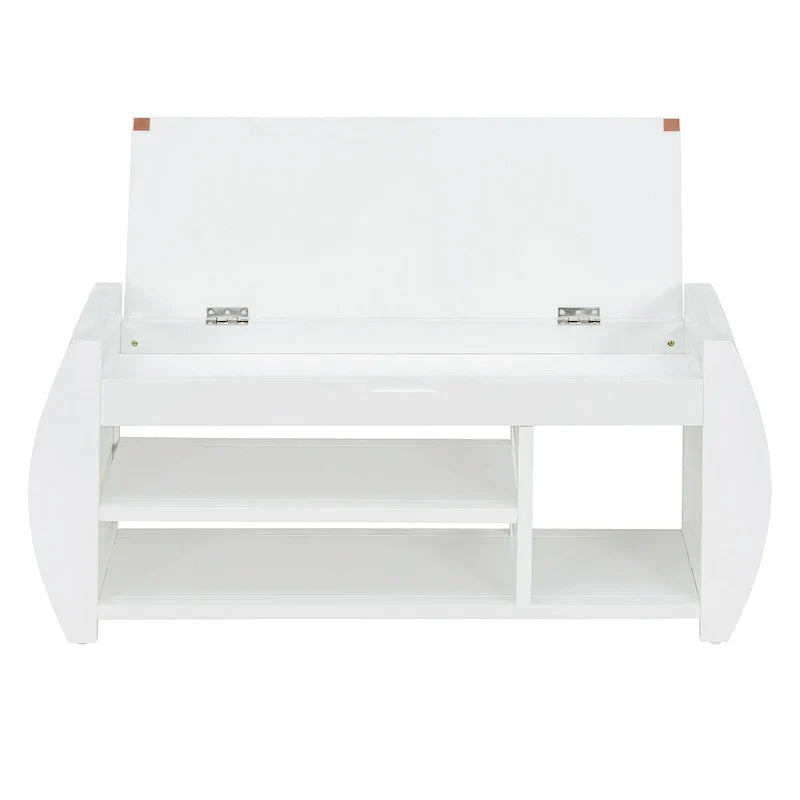 Banc coffre de rangement multifonction avec coussin et panneau latéral galbé pour entrée et salon