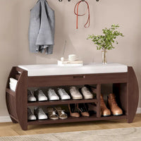 Banc coffre de rangement multifonction avec coussin et panneau latéral galbé pour entrée et salon