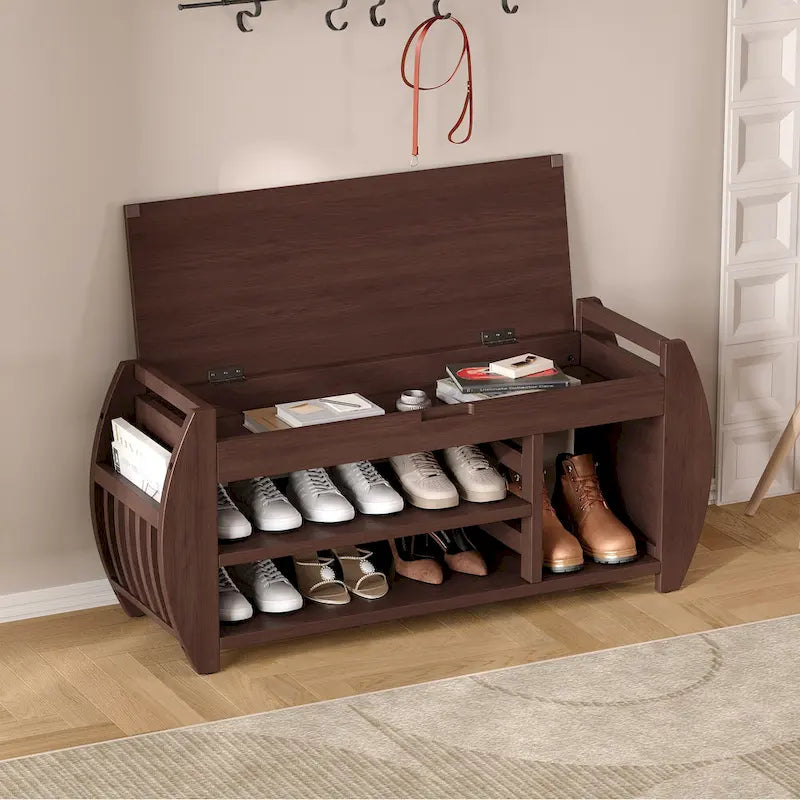 Banc coffre de rangement multifonction avec coussin et panneau latéral galbé pour entrée et salon