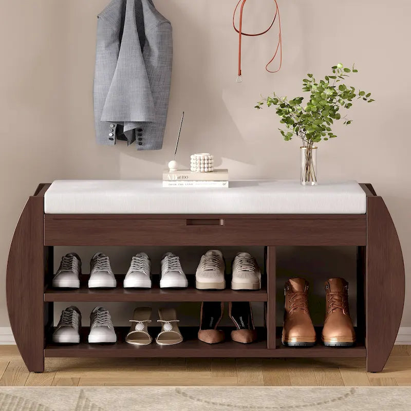 Banc coffre de rangement multifonction avec coussin et panneau latéral galbé pour entrée et salon