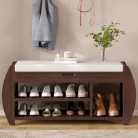 Banc coffre de rangement multifonction avec coussin et panneau latéral galbé pour entrée et salon