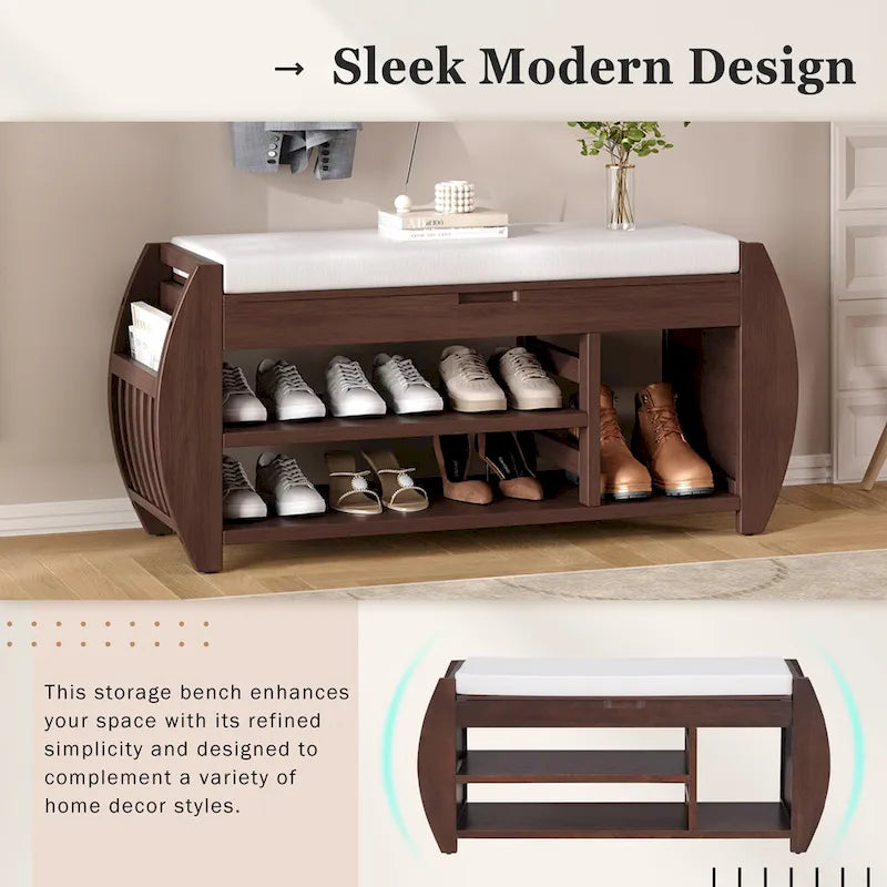 Banc coffre de rangement multifonction avec coussin et panneau latéral galbé pour entrée et salon