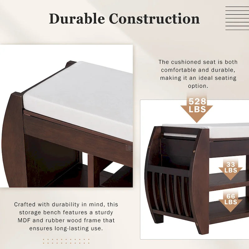 Banc coffre de rangement multifonction avec coussin et panneau latéral galbé pour entrée et salon