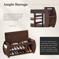 Banc coffre de rangement multifonction avec coussin et panneau latéral galbé pour entrée et salon