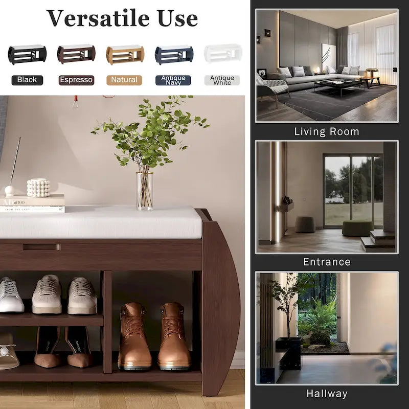 Banc coffre de rangement multifonction avec coussin et panneau latéral galbé pour entrée et salon