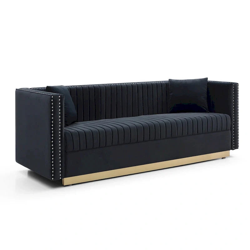 Canapé contemporain en velours capitonné à canal vertical, canapé rembourré moderne pour salon appartement avec 2 oreillers