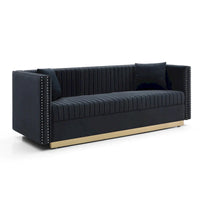 Canapé contemporain en velours capitonné à canal vertical, canapé rembourré moderne pour salon appartement avec 2 oreillers