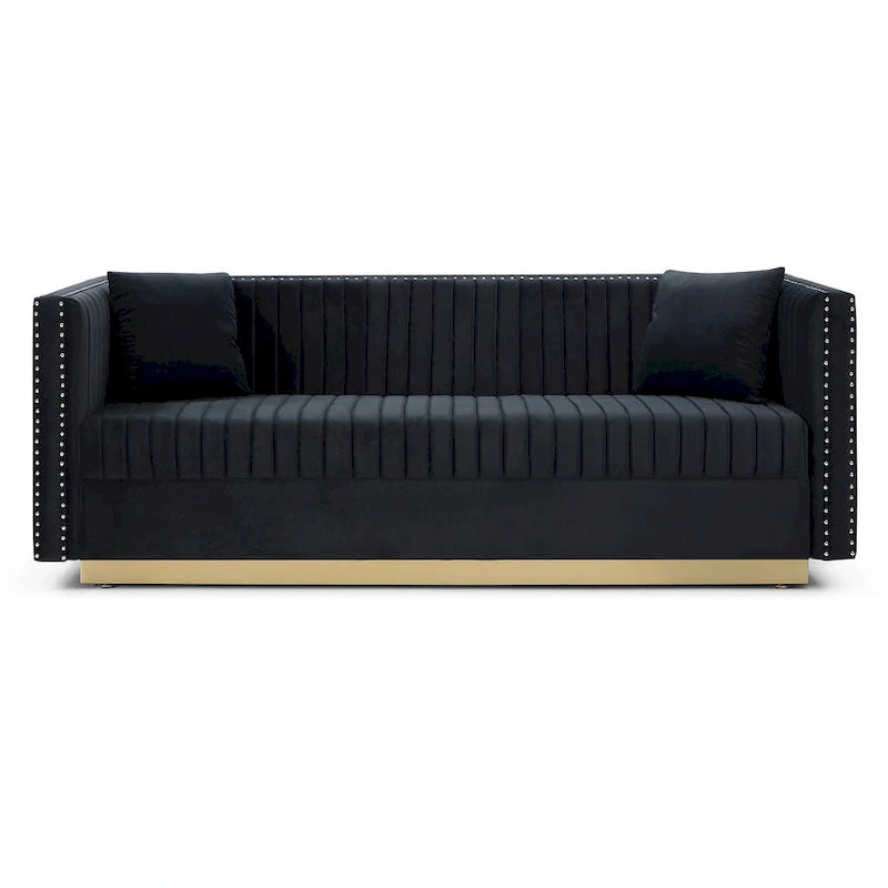 Canapé contemporain en velours capitonné à canal vertical, canapé rembourré moderne pour salon appartement avec 2 oreillers