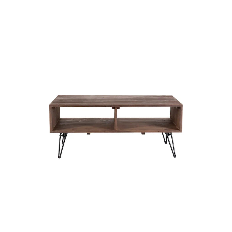 Table basse en bois recyclé avec rangement ouvert pour salon, pieds en métal, pliable, finition bois noir/naturel