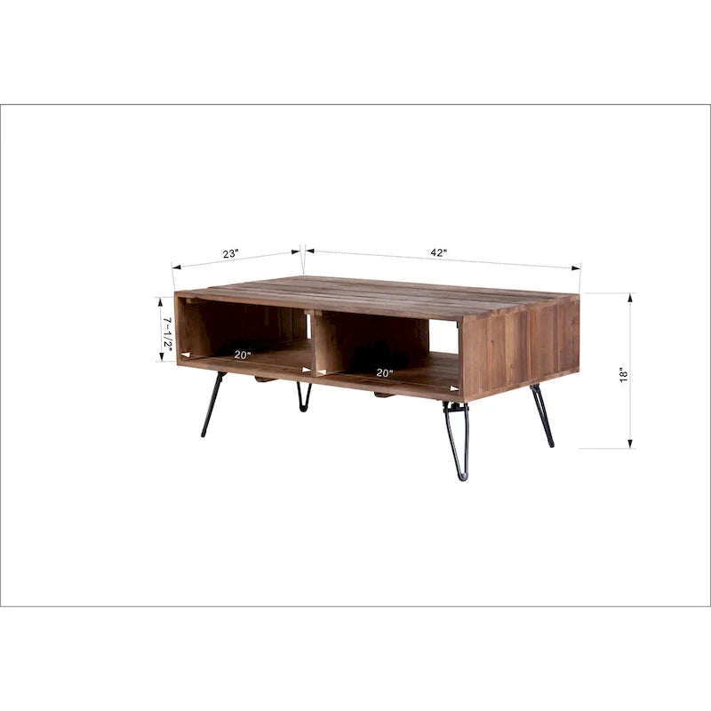 Table basse en bois recyclé avec rangement ouvert pour salon, pieds en métal, pliable, finition bois noir/naturel