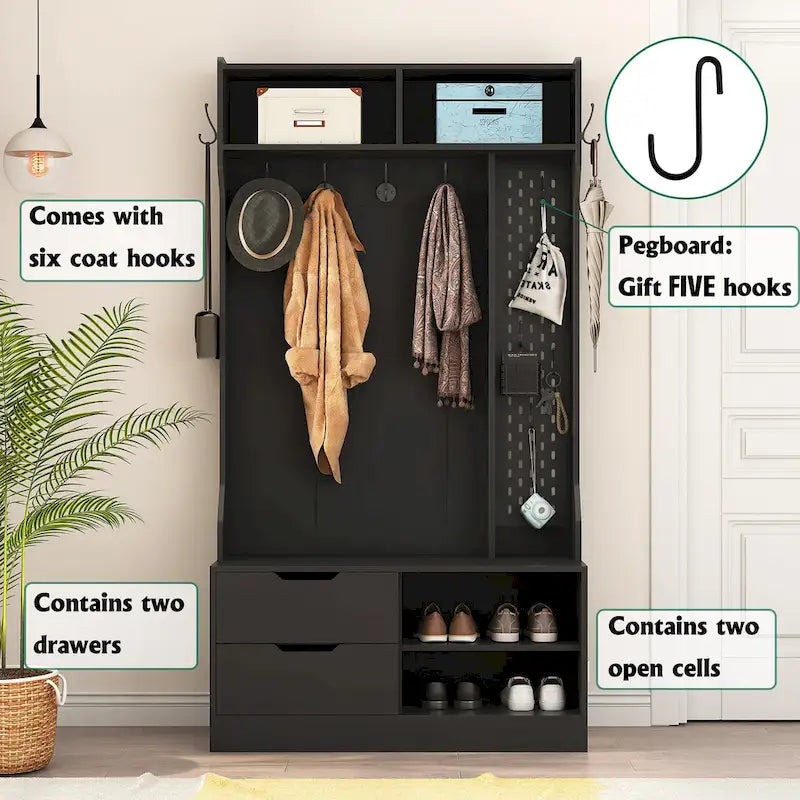 Meuble d'entrée avec 6 crochets, porte-manteau, banc d'entrée, banc de rangement, pour entrée et couloir