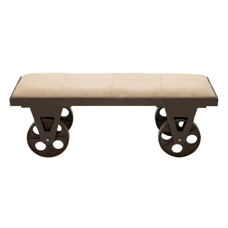 Banc de maison d'inspiration industrielle vintage en tissu de lin avec roulettes et siège rembourré en lin - Marron - Roche River Decor