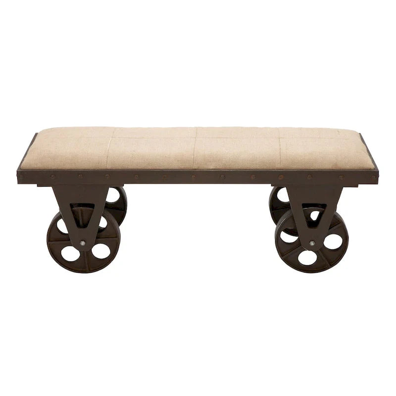 Banc de maison d'inspiration industrielle vintage en tissu de lin avec roulettes et siège rembourré en lin - Marron - Roche River Decor