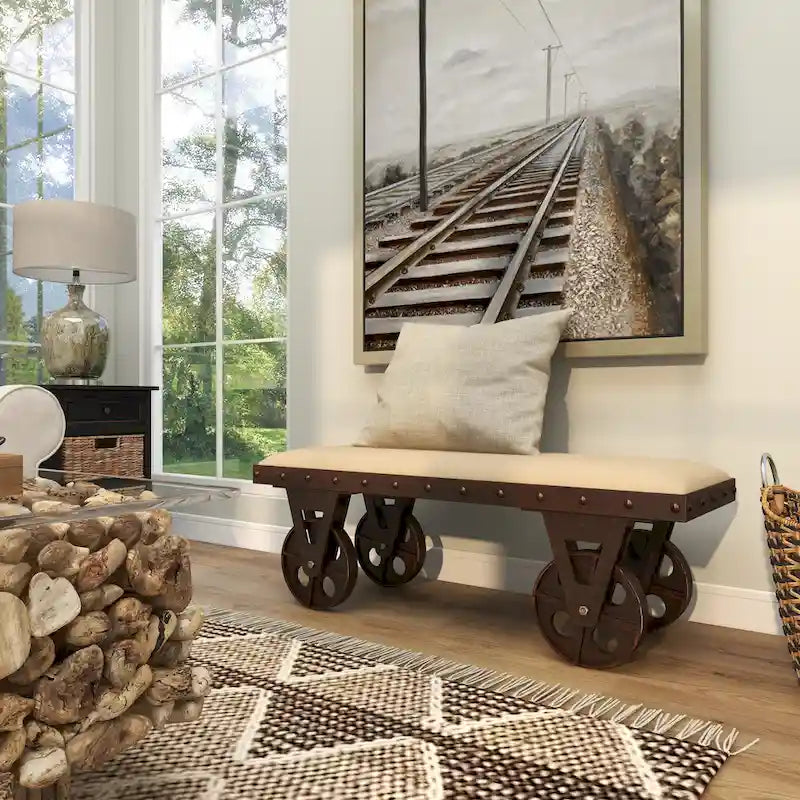 Banc de maison d'inspiration industrielle vintage en tissu de lin avec roulettes et siège rembourré en lin - Marron - Roche River Decor