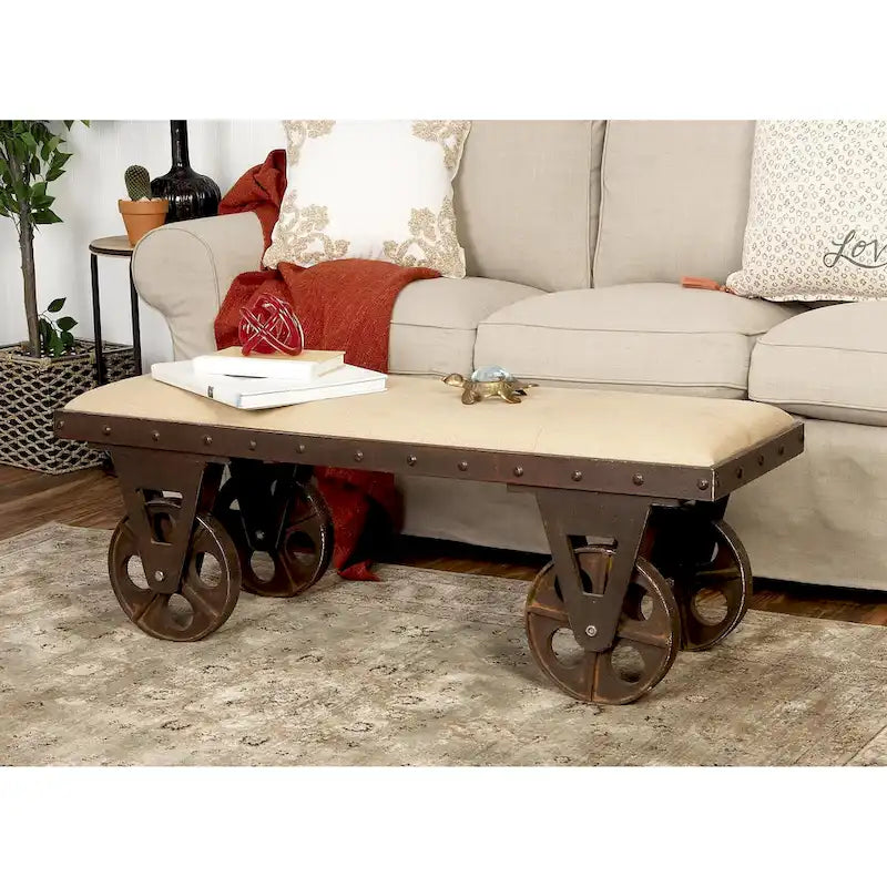 Banc de maison d'inspiration industrielle vintage en tissu de lin avec roulettes et siège rembourré en lin - Marron - Roche River Decor