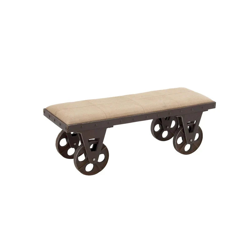 Banc de maison d'inspiration industrielle vintage en tissu de lin avec roulettes et siège rembourré en lin - Marron - Roche River Decor