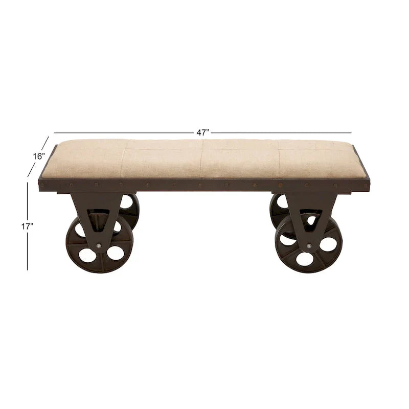 Banc de maison d'inspiration industrielle vintage en tissu de lin avec roulettes et siège rembourré en lin - Marron - Roche River Decor