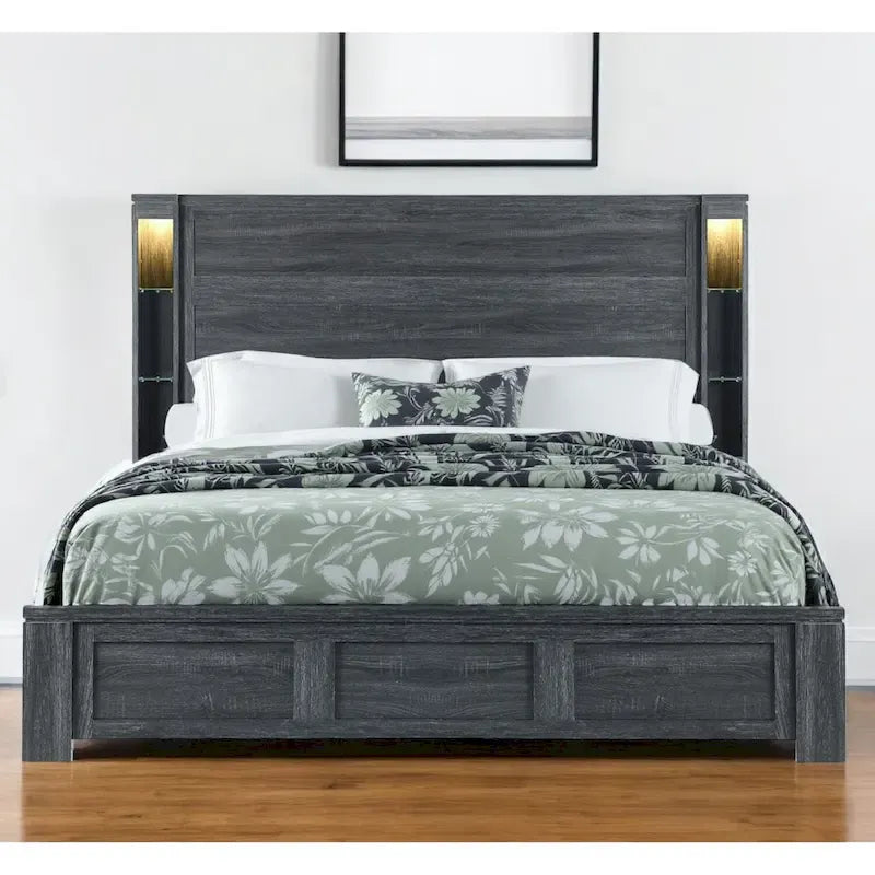 Cadre de lit king-size HomeRoots en bois gris foncé vieilli avec éclairage