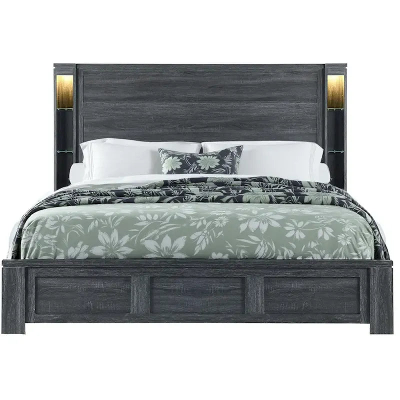 Cadre de lit king-size HomeRoots en bois gris foncé vieilli avec éclairage