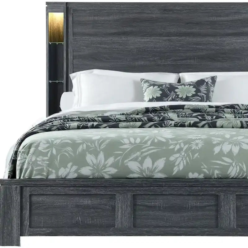 Cadre de lit king-size HomeRoots en bois gris foncé vieilli avec éclairage