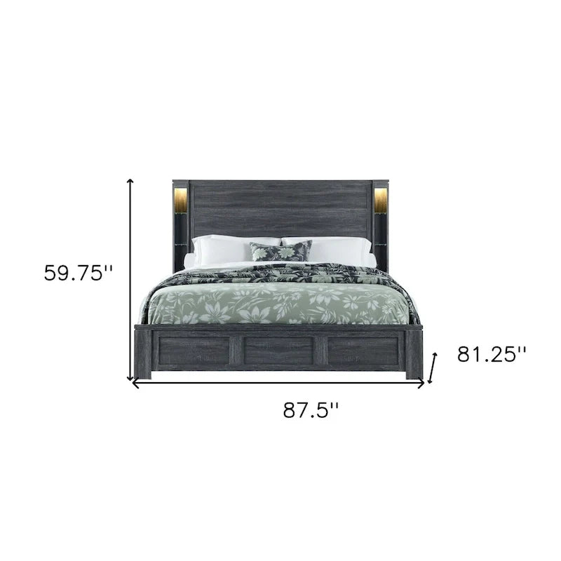 Cadre de lit king-size HomeRoots en bois gris foncé vieilli avec éclairage