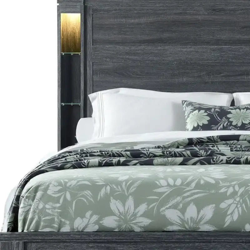 Cadre de lit king-size HomeRoots en bois gris foncé vieilli avec éclairage