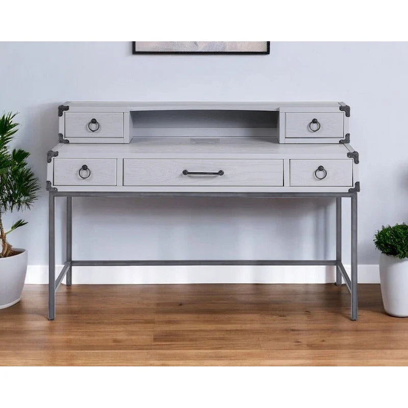 Bureau d'écriture gris en bois avec cinq tiroirs de 54 po