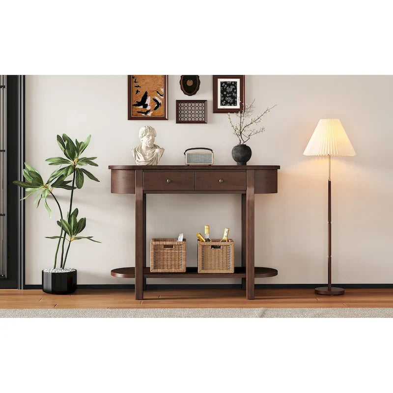 Console vintage avec 2 tiroirs de rangement, étagère inférieure ouverte et design galbé pour entrée de maison et hôtel