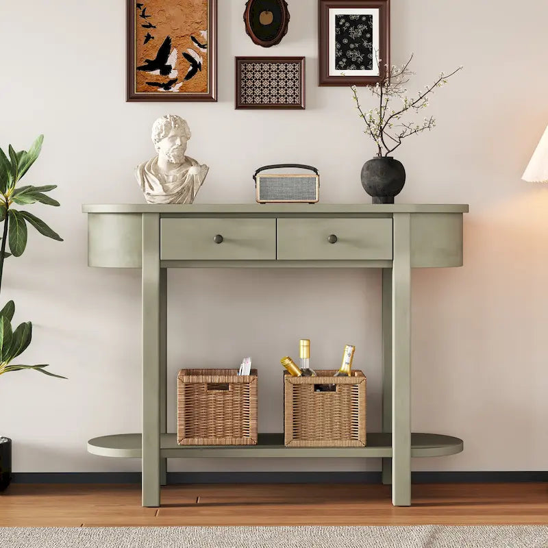 Console vintage avec 2 tiroirs de rangement, étagère inférieure ouverte et design galbé pour entrée de maison et hôtel