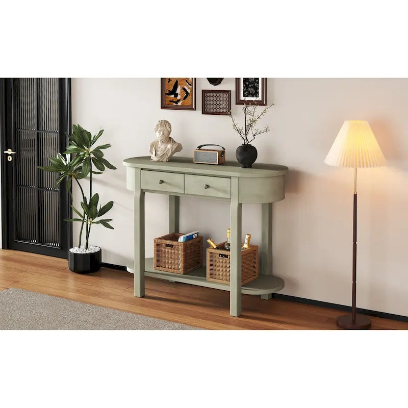 Console vintage avec 2 tiroirs de rangement, étagère inférieure ouverte et design galbé pour entrée de maison et hôtel