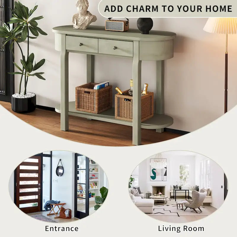 Console vintage avec 2 tiroirs de rangement, étagère inférieure ouverte et design galbé pour entrée de maison et hôtel