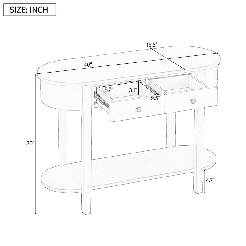 Console vintage avec 2 tiroirs de rangement, étagère inférieure ouverte et design galbé pour entrée de maison et hôtel