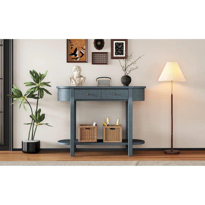 Console vintage avec 2 tiroirs de rangement, étagère inférieure ouverte et design galbé pour entrée de maison et hôtel