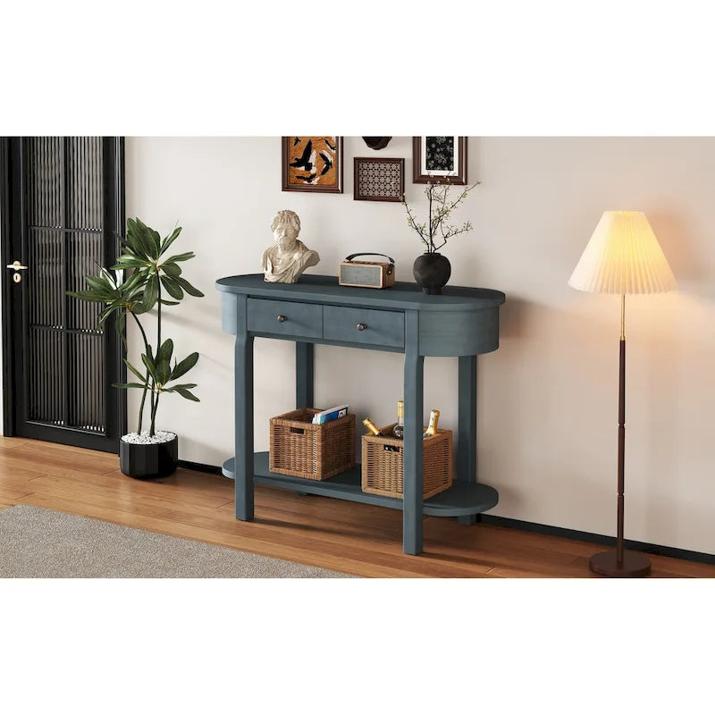 Console vintage avec 2 tiroirs de rangement, étagère inférieure ouverte et design galbé pour entrée de maison et hôtel
