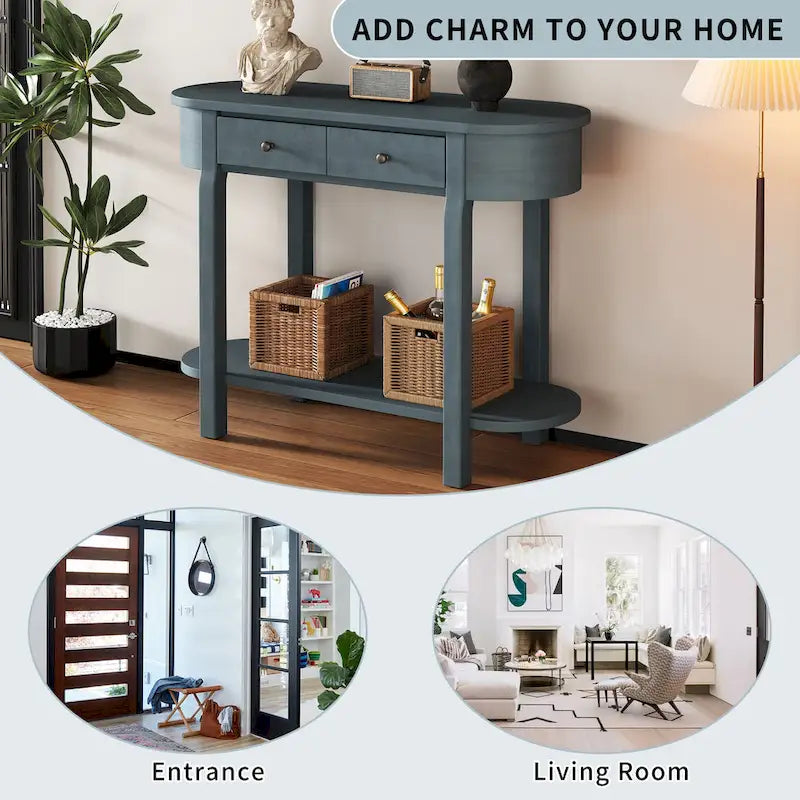 Console vintage avec 2 tiroirs de rangement, étagère inférieure ouverte et design galbé pour entrée de maison et hôtel