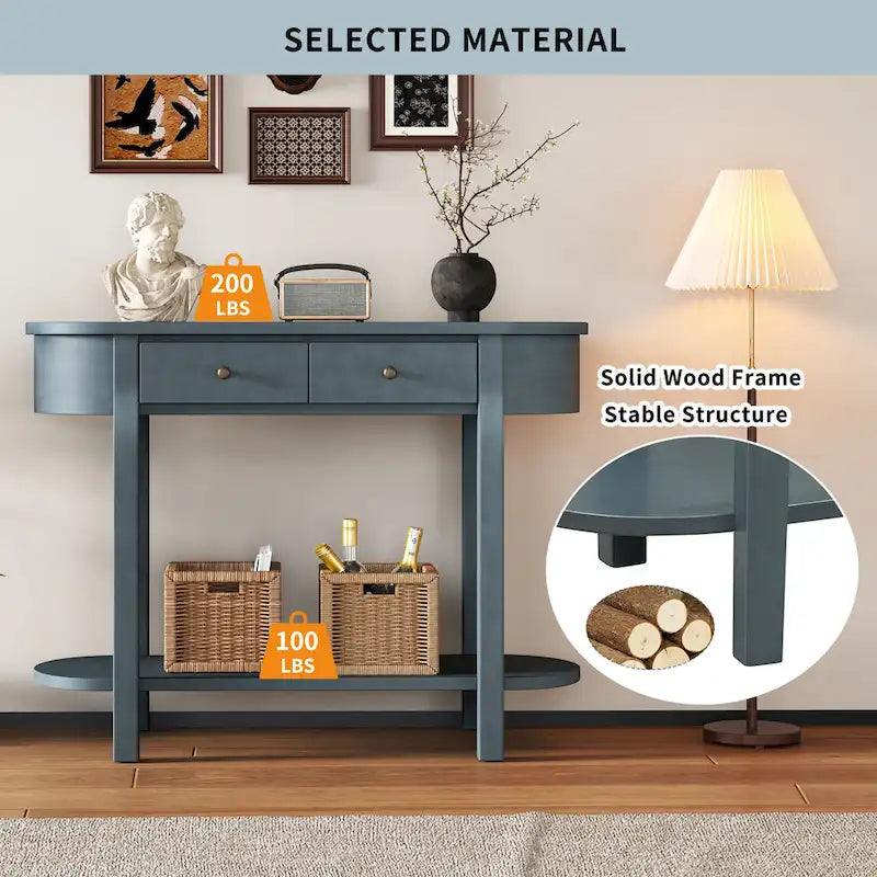 Console vintage avec 2 tiroirs de rangement, étagère inférieure ouverte et design galbé pour entrée de maison et hôtel