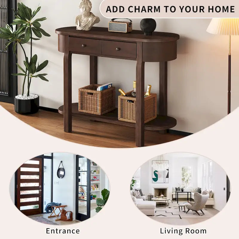 Console vintage avec 2 tiroirs de rangement, étagère inférieure ouverte et design galbé pour entrée de maison et hôtel
