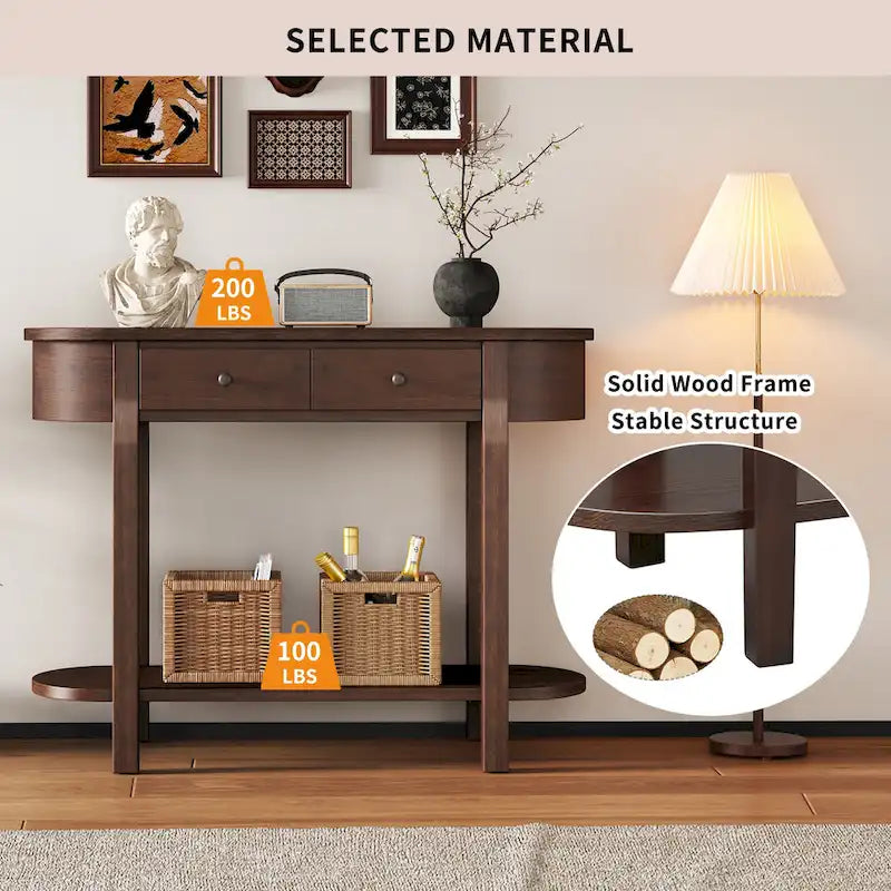 Console vintage avec 2 tiroirs de rangement, étagère inférieure ouverte et design galbé pour entrée de maison et hôtel