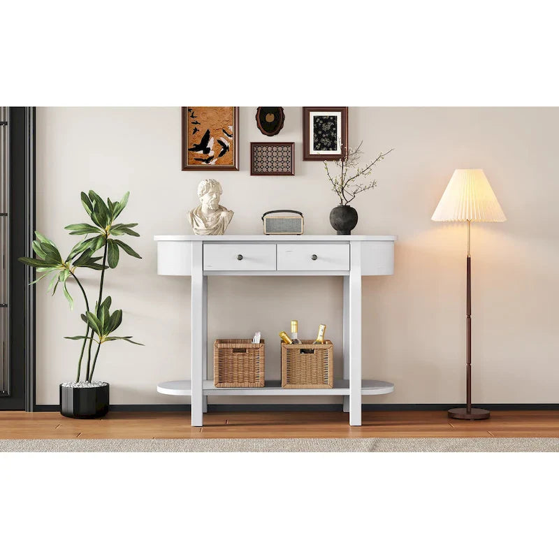 Console vintage avec 2 tiroirs de rangement, étagère inférieure ouverte et design galbé pour entrée de maison et hôtel