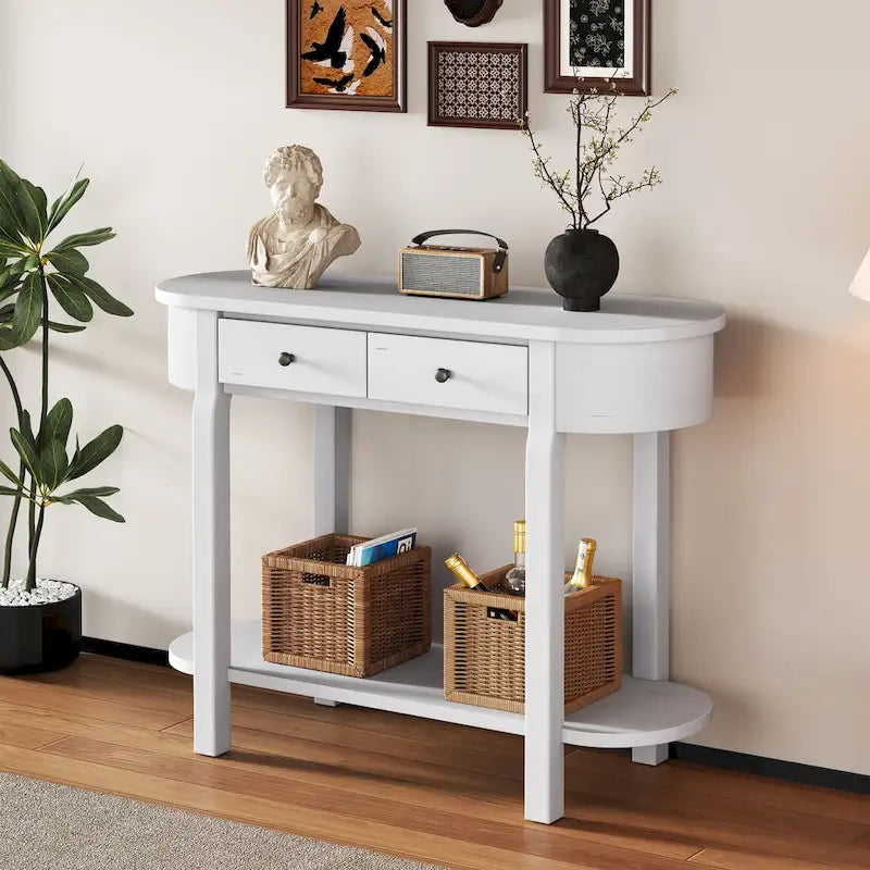 Console vintage avec 2 tiroirs de rangement, étagère inférieure ouverte et design galbé pour entrée de maison et hôtel