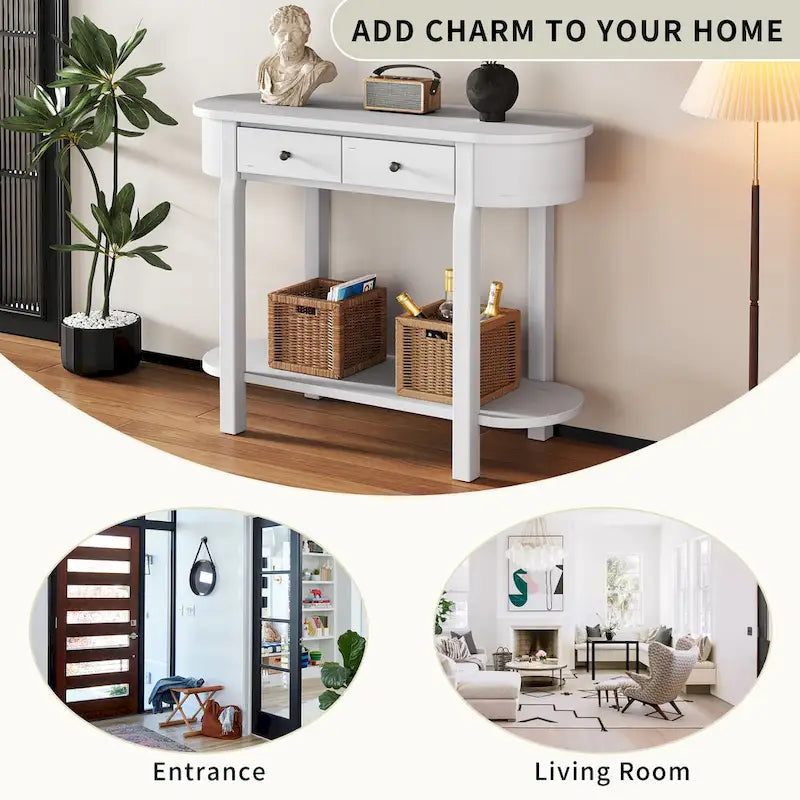 Console vintage avec 2 tiroirs de rangement, étagère inférieure ouverte et design galbé pour entrée de maison et hôtel
