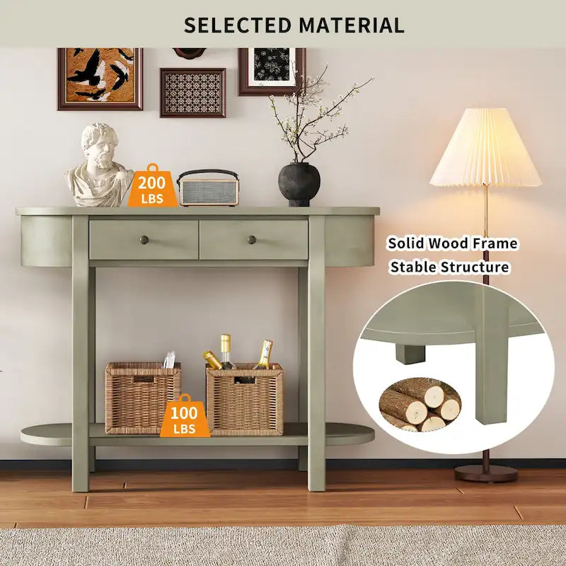 Console vintage avec 2 tiroirs de rangement, étagère inférieure ouverte et design galbé pour entrée de maison et hôtel