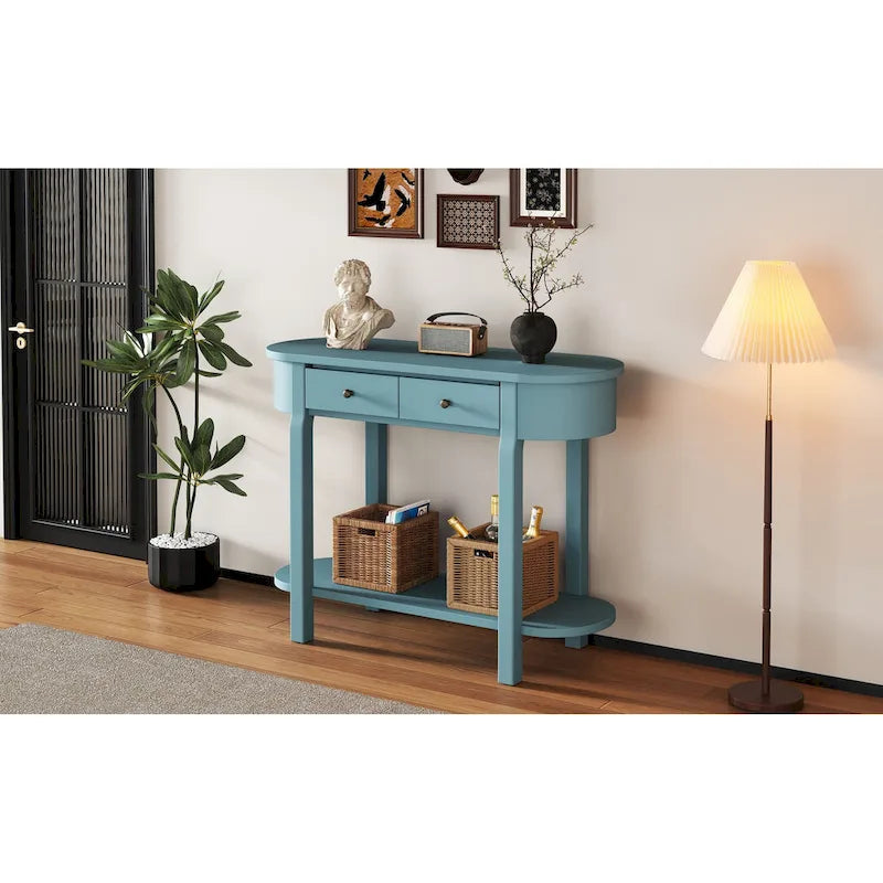 Console vintage avec 2 tiroirs de rangement, étagère inférieure ouverte et design galbé pour entrée de maison et hôtel