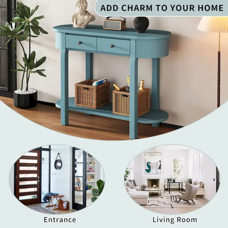 Console vintage avec 2 tiroirs de rangement, étagère inférieure ouverte et design galbé pour entrée de maison et hôtel
