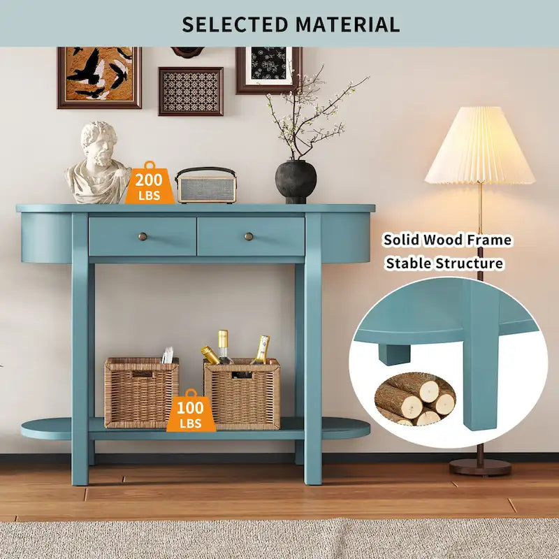 Console vintage avec 2 tiroirs de rangement, étagère inférieure ouverte et design galbé pour entrée de maison et hôtel