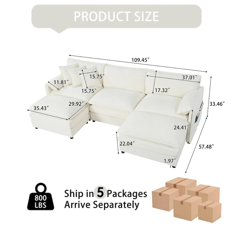 109,45 Canapé sectionnel modulaire en U rembourré en chenille avec coussins double couche, combinaison DIY