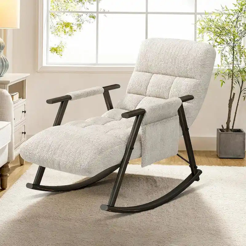 Fauteuil à bascule classique moderne rembourré en tissu avec poche de rangement