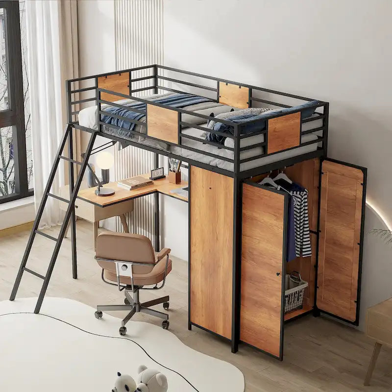 Lit mezzanine taille Twin avec bureau en L et penderie