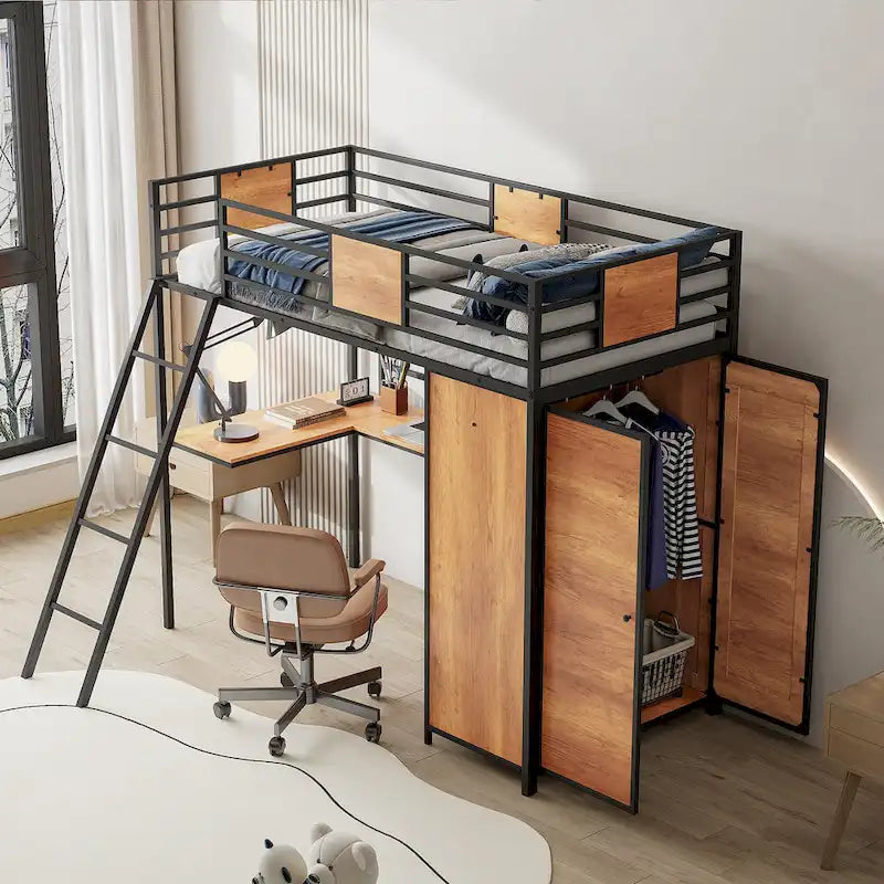 Lit mezzanine taille Twin avec bureau en L et penderie